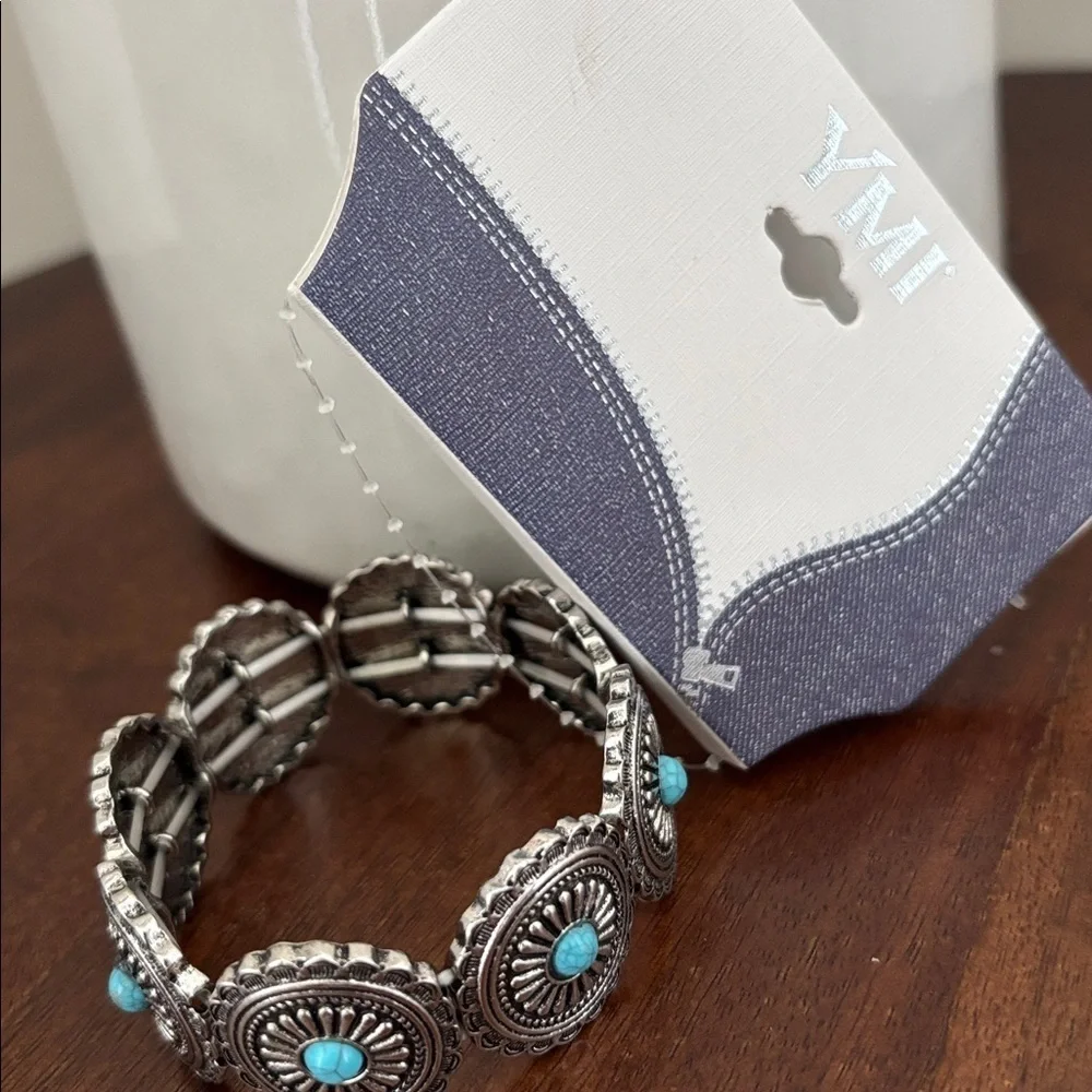 YMI Silvertone Conchos,faux turquoise stones, stretch bracelet,Southwestern